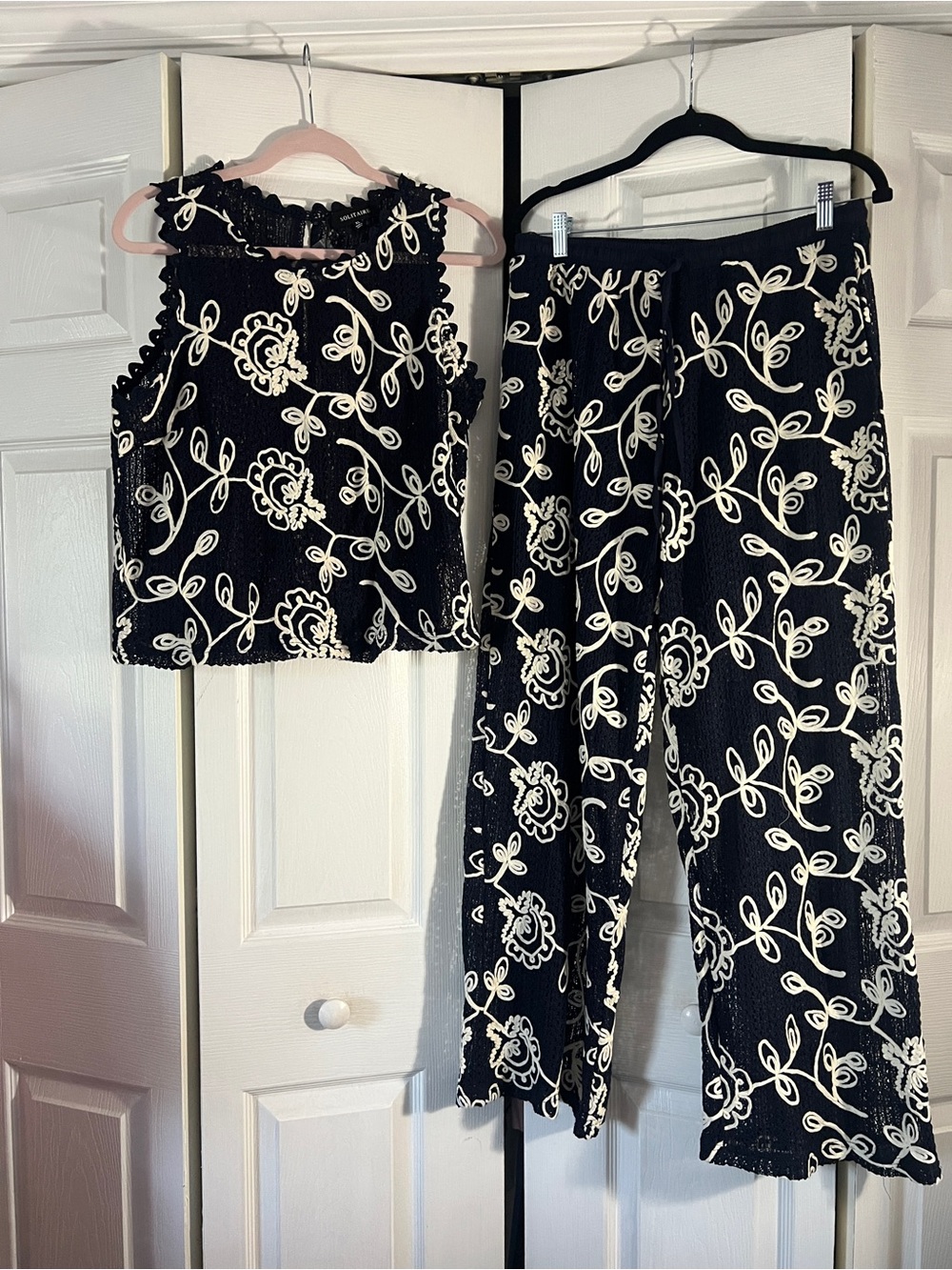 Solitaire Navy and Cream Crochet Top with Floral Swirls - Picture 1 of 10